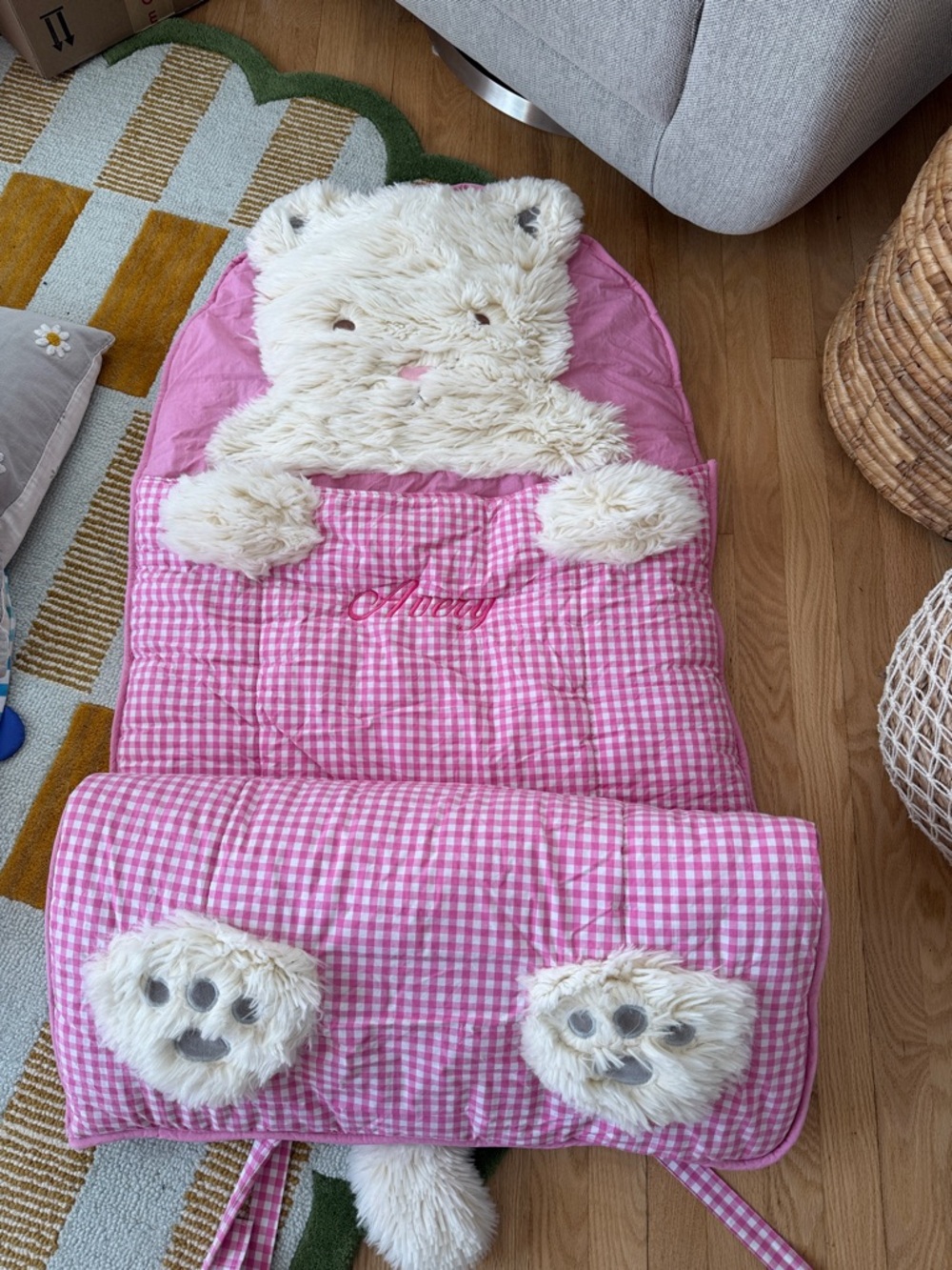 Pottery Barn Kids “Avery” embroidered pink gingham kitty cotton sleeping bag